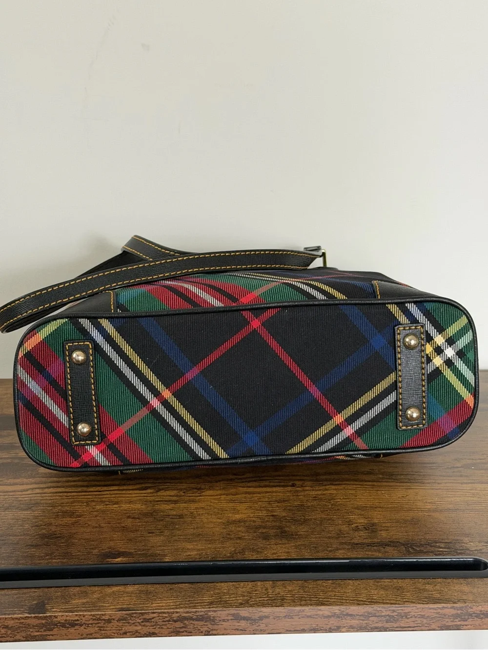 Dooney & Bourke Tartan Plaid Tote Multicolor Black Leather Trim